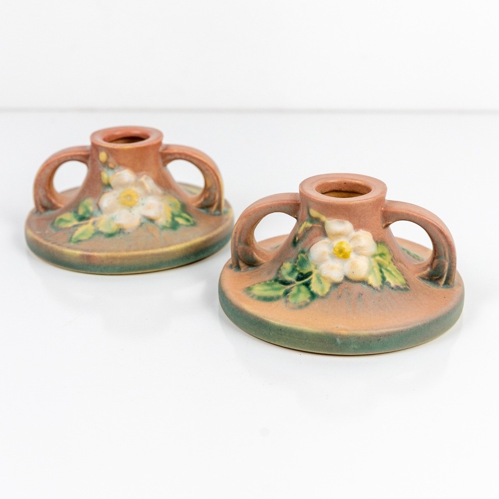 Vintage Roseville Pottery White Rose Candle Holders Pink Green Matte 1141 Pair